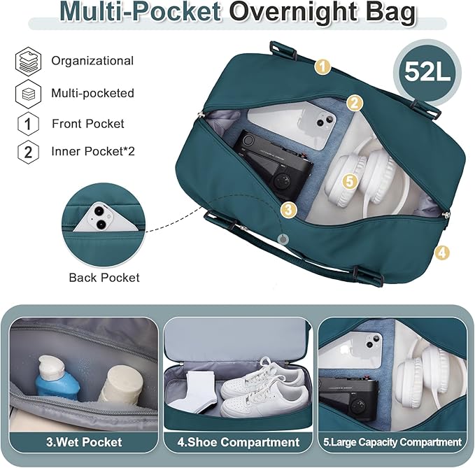 Large Weekender Bags for Women, Travel Duffel Bags with Shoe Compartment,Personal Item Travel Carry on Overnight bag for women Travel 3PCS,Peacock Blue