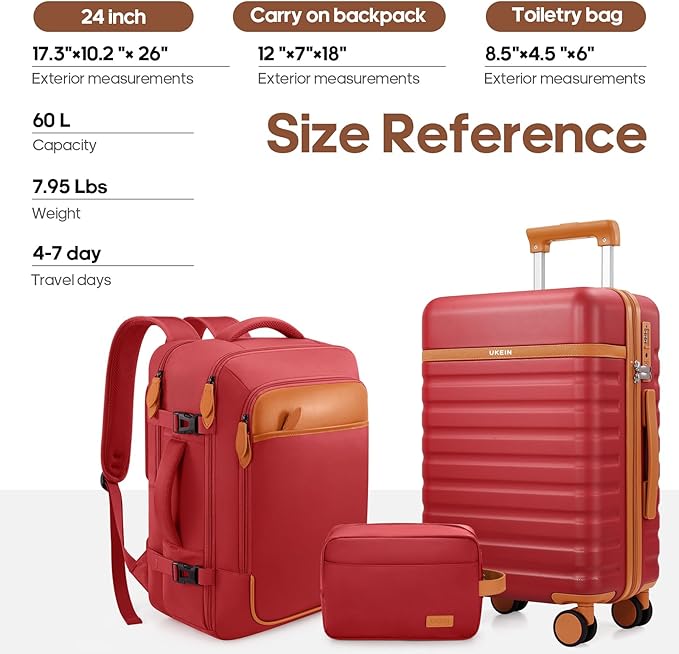 UKEIN Luggage Sets 3 Piece, PC Hardside Large Luggage 24 Inch With Spinner Wheels with TSA Lock, Carry On Suitcase Set With Travel Backpack for Men (Red, 3 piece set (24inch))