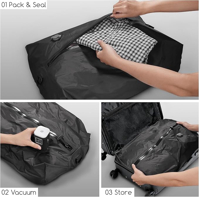 Vacuum Bags for Travel with Pump, 2 Pack TPU Reusable Vacuum Compression Bags for Travel with Waterproof Zipper, Space Saver Bag for Suitcase, Backpack, Black