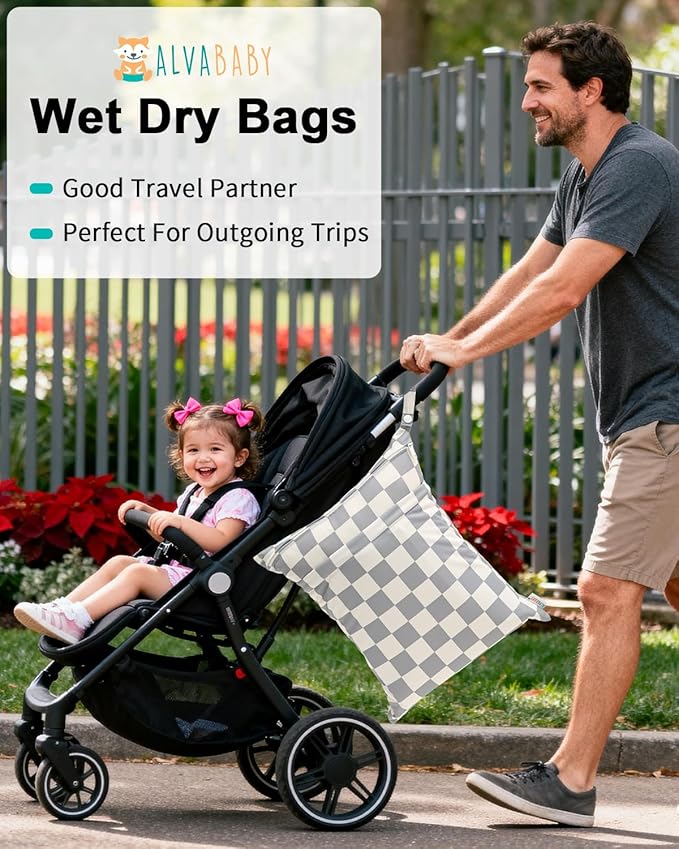 ALVABABY 3 pcs Cloth Diaper Wet Dry Bags Waterproof Reusable with Two Zippered Pockets Travel Beach Pool Daycare Soiled Baby Items Yoga Gym Bag for Swimsuits or Wet Clothes Small Medium Large 3L-SML17
