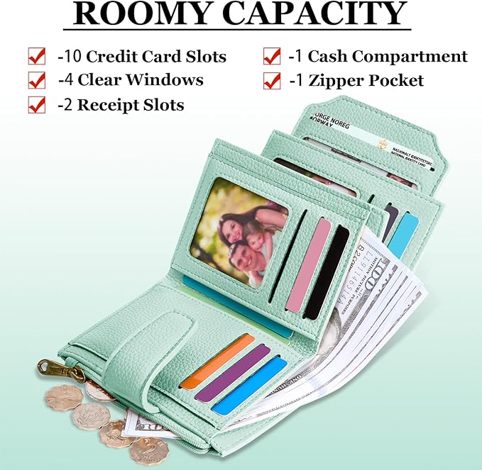Airkit Small Wallet Women RFID Blocking Soft Leather Bifold Compact Card Holder Wallet for Women with Zipper Coin Pocket 4 ID Window