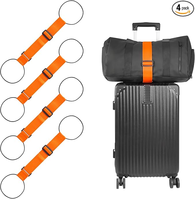 BILIONE Add a Bag Luggage Straps 4 Pack, Adjustable Bungee Elastic Belt to Connect Two Suitcases, Secure Carry On & Travel Essentials (Orange)
