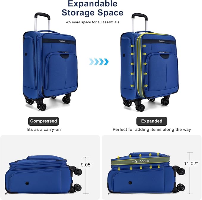 Carry On Luggage 22x14x9 Airline Approved with Wheels Softside Expandable Luggage Suitcase with TSA Lock-Blue