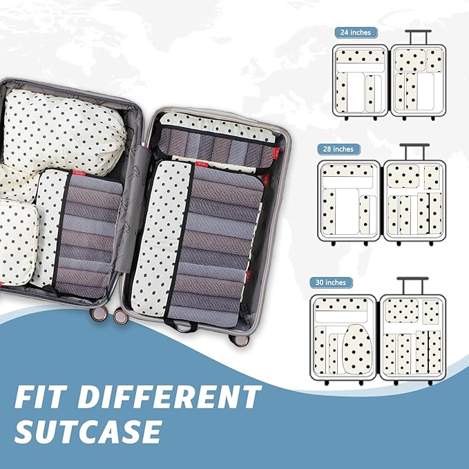 U+U 10 Set Compression Packing Cubes - Travel Organizers with Laundry Bag, Space-Saving Suitcase Organizer, Expandable Packing Organizers for Travel Essentials (Polka Dot)