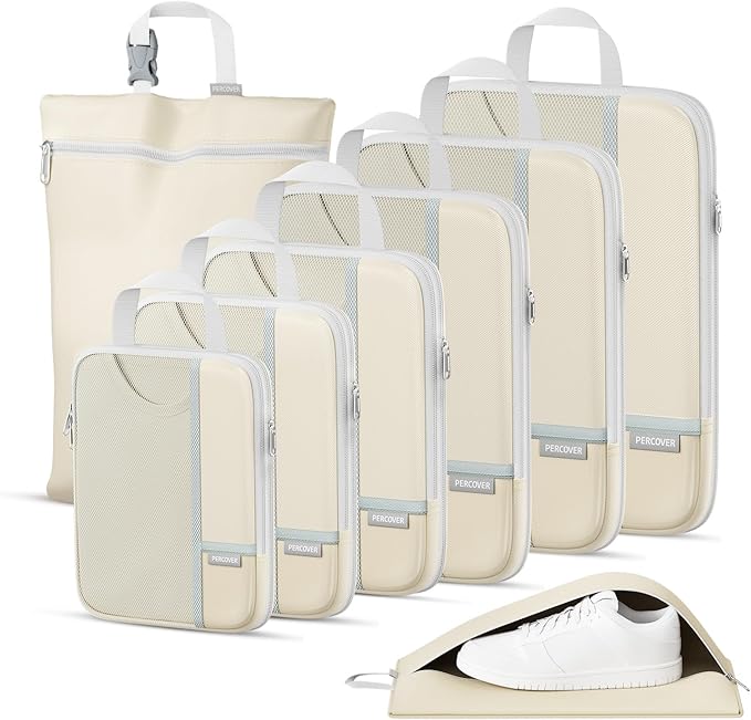 Percover Compression Packing Cubes 8-Piece Set, Packing Cubes Compression for Travel with Laundry Bag & Shoe Bag, Travel Organizer for Carry On & Checked Luggage, Beige