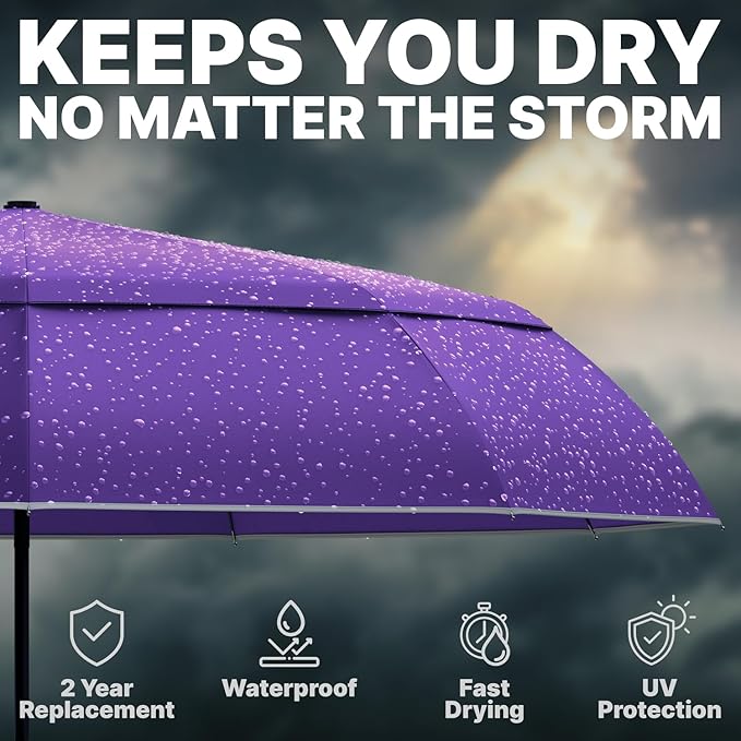 Royal Walk Windproof Folding Travel Umbrella Compact and Strong Luxurious Real Wood Handle Automatic Open Close Vented Double Canopy for Men and Women (Purple)