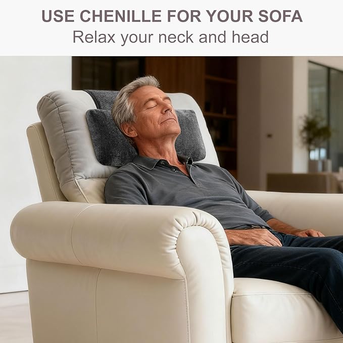Chenille Neck Pillow for Sofa - Adjustable Headrest, Non-Slip Neck Support Cushion for Pain Relief, Comfortable Chair Pillow, Black