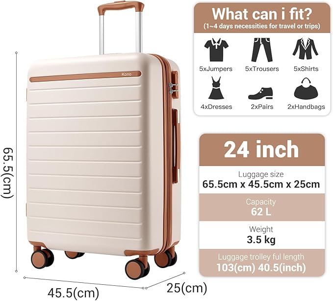 Kono 24 Inch Check In Suitcase Expandable Luggage, Business Travel Suitcase for 5-7 Days, Durable ABS+PC Hardshell with Side Handles & Kick Plates, Double Spinner Silent Wheels, Cream/Brown