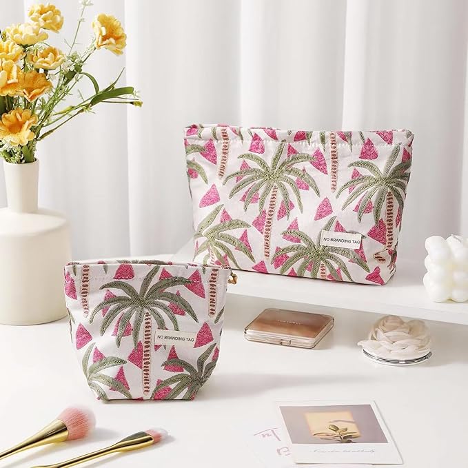 HAPPYHEIDI Makeup Bag Set 2, Cute Cosmetic Pouch, Coconut Trees Pattern, Cotton Blend, Floral, Zipper, 2 Count