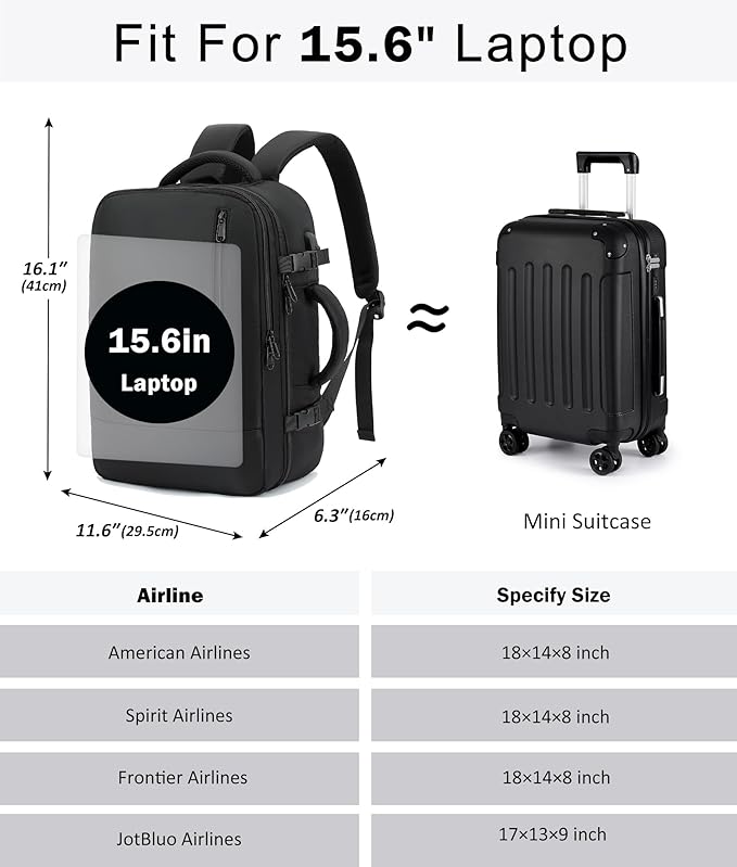 TANTOMI Small Travel Backpack for Women Men, 15.6 Inch Laptop Backpack Flight Approved, Carry-On Bags with USB Charging Port & Shoe Pouch, Casual Daypack on Airplane for Weekender Work Business, Black