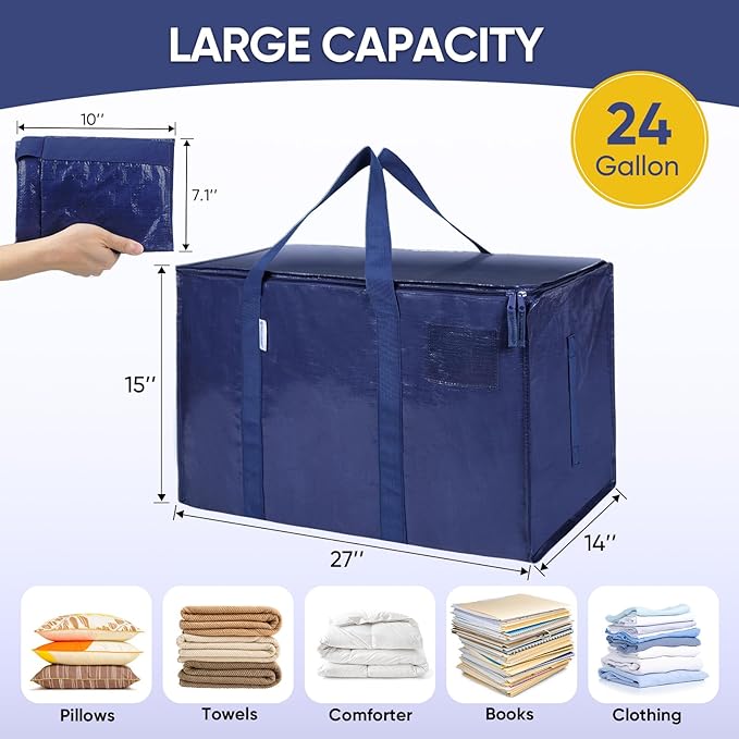 TICONN 8 Pack Extra Large Moving Bags Heavy Duty with Zippers & Carrying Handles, Durable Storage Bags Moving Boxes for Closet Organizers and Storage (8 Pack, Navy)