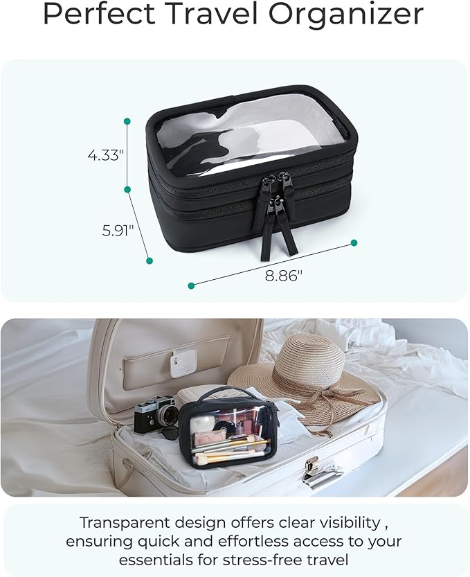 BAGSMART Double Layer Clear Makeup Bag, TSA-Approved Toiletry Bag, Large Opening with Handle, Cute Water-Resistant Travel Cosmetic Bag with Double Zipper for Car Essentials(Black)
