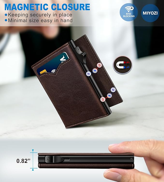 miyozi Wallet for Men,with Cash Pocket 2 ID Window 9-13 Cards,Metal Case Smart Slim Pop Up Credit Card Holder Flip with Magnetic Closure RFID Blocking Trifold wallet with Gift Box