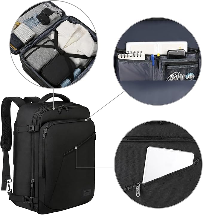 MATEIN 45L Travel Backpack, Large Carry on Backpack for Men Women, Water Resistant Lightweight Expandable Daypack, Business Weekender Backpacks, Gifts for People who Travel, Black
