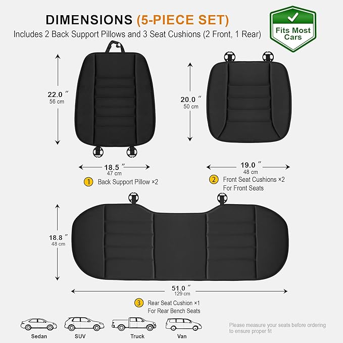 kingphenix 5-Piece Memory Foam Car Seat Cushion Set with Full Back Support Pillow, Comfort for Long Drives & Road Trips, Universal Automotive Comfort for Most Car, Van, Truck, SUV, Black