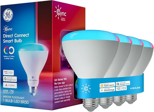 Cync GE BR30 LED Smart Light Bulbs, Indoor Floodlight Bulb, 4 Pack | Color Changing Room Decor, WiFi Lights, Compatible with Alexa and Google Home, Matter Compatible, Multicolor