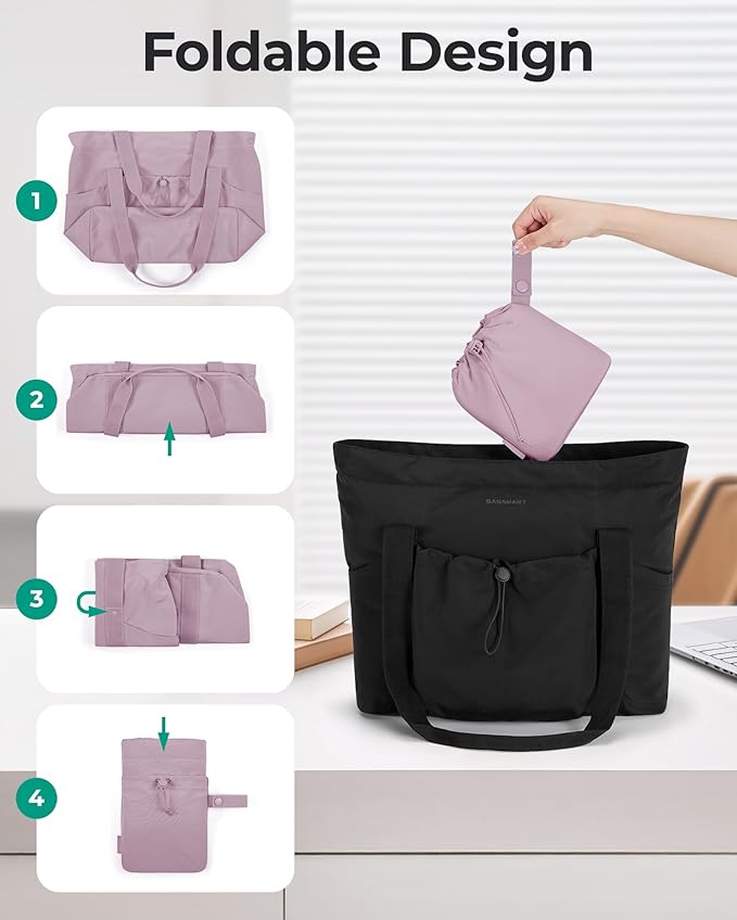 BAGSMART Foldable Tote Bag with Drawstring Bag, Large Tote Bag Shoulder Bag Top Handle Handbag for Travel, Work, Beach, Gym