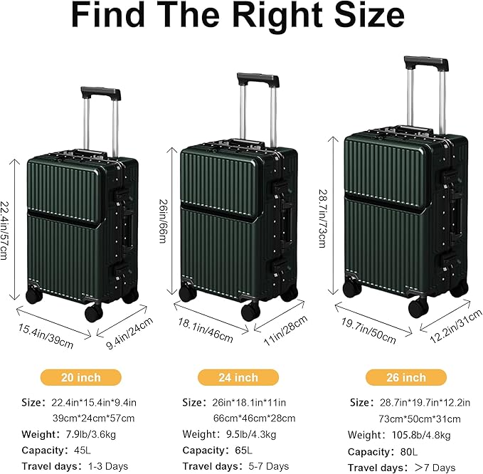 Carry on suitcase Zipperless Luggage,Polycarbonate Aluminum Hard Shell, Expandable Carry-On Suitcase with Spinner Wheels, 24 Inch Cabin