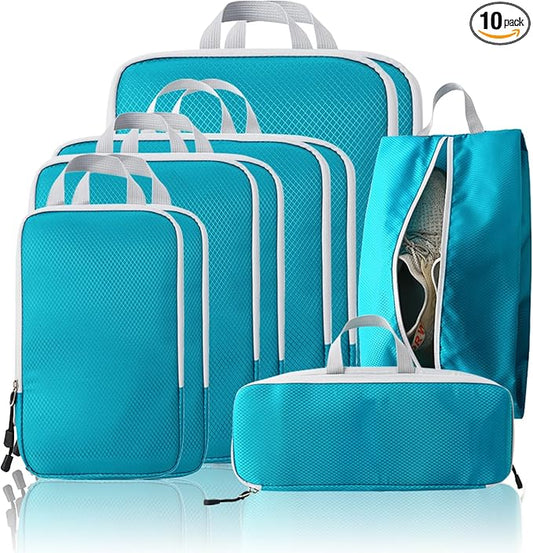 Compression Packing Cubes, 10 Set Packing Cubes for Travel Compression, Lightweight Compressible Package Organizer for Carry On and Suitcases, DustyBlue and Grey
