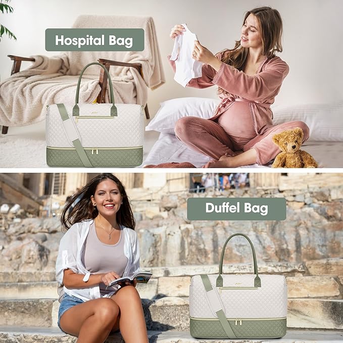 Travel Weekender Duffle Bags for Women - Duffel Bag with Shoe Compartment Carry On Overnight Bag with Toiletry Bag with Wet Pocket for Gym Hospital Bags for Labor and Delivery Beige Green