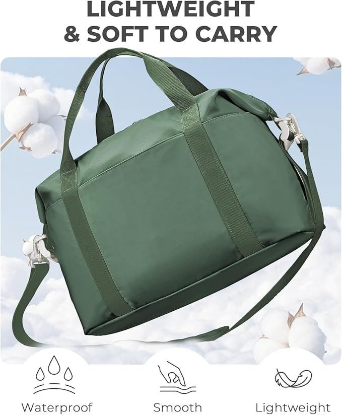 Percover Weekender Travel Duffel Bag for Women, Lightweight Soft-Structure 33L Carry-On, Water-Resistant Nylon with Shoulder Strap & Trolley Sleeve, Personal Item Friendly, Forest Green