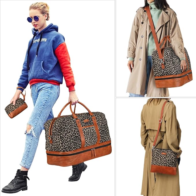 Weekender Bag for Women, Large Overnight Bag Canvas Travel Duffel Bag Carry On Tote with Shoe Compartment 21" 3Pcs Set