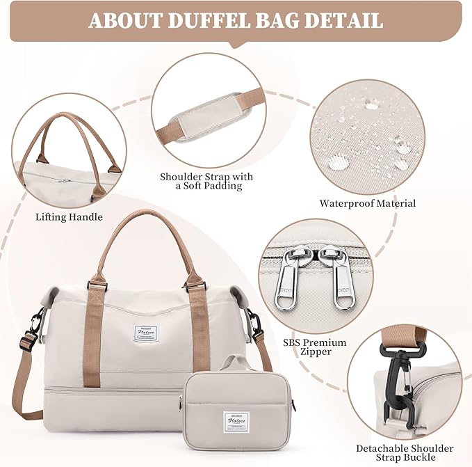 Weekender Bags for Women,Overnight Travel Duffel Bag with Shoes Compartment& Toiletry Bag,Extra Large(Beige & Brown)