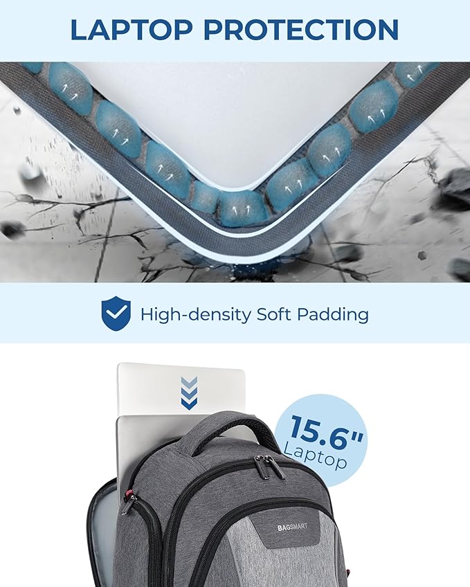 BAGSMART Unisex Laptop Backpack, 15.6-inch Anti-Theft, Water Resistant, Grey, With USB Charger Hole