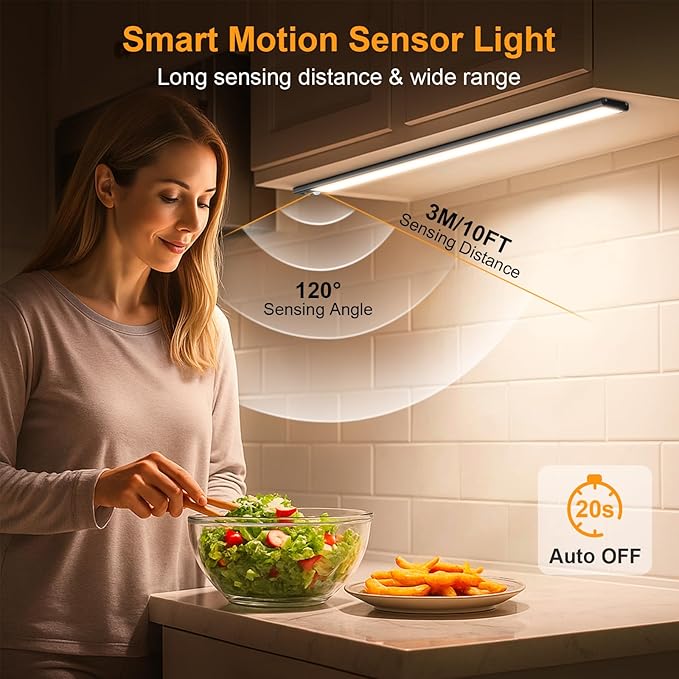 Gritin 14.7inch Under Cabinet Lighting Rechargeable 2 Pack | 3 Color Temps & 5 Brightness,Super Bright,4 Modes,Motion Sensor,Long Lasting - Easy Installation Under Closet Lights-Black