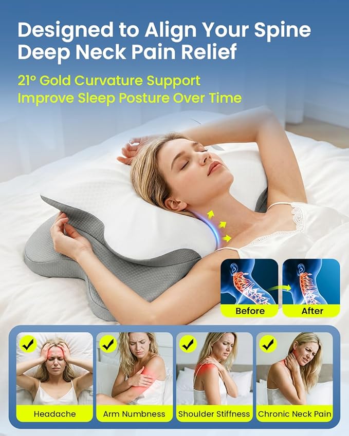 Cervical Pillow for Neck Pain Relief, 4-Height Adjustable Oeko-TEX Memory Foam Contour Pillow for Sleeping, Ergonomic Orthopedic Cooling Neck Pillow for Side Back Stomach Sleepers, Arm Support