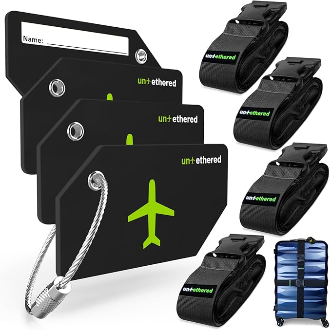 Untethered 4-Pack Luggage Tag Set | Durable Luggage Tags for Suitcases & Travel Bags | Bag Tag & Name ID Identifiers | Suitcase Tags for Easy Luggage Identification