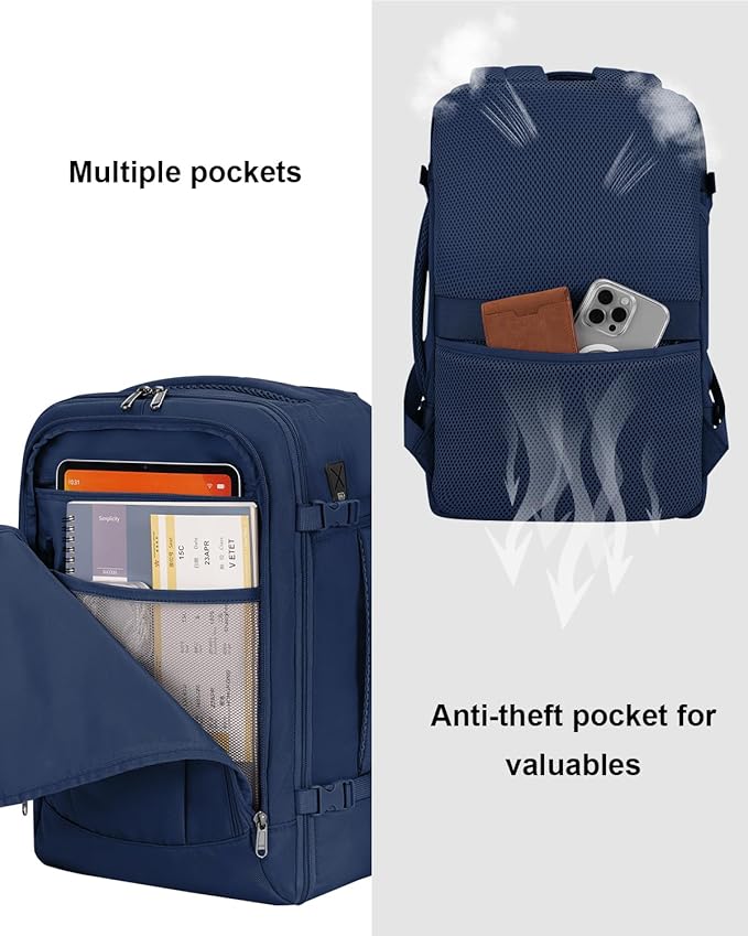 ECOHUB 17'' Travel Backpack, Personal Item Backpack with 13 Pockets, Flight Approved Carry on Backpack with USB Port & Luggage Sleeve, Travel bag for Men & Women, Water Resistant Backpack, Blue