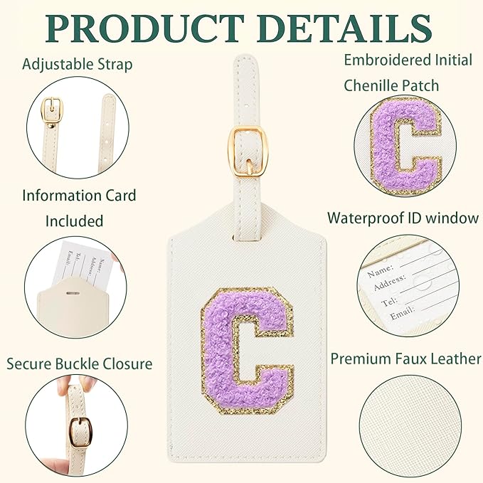 Embroidered Luggage Tag – Initial Bag Tag for Suitcase, Backpack, Carry-On, Duffel – Faux Leather Travel Accessory, Name Identifier, ID Label for Travel Bags (C, White Leather+Purple Letter)