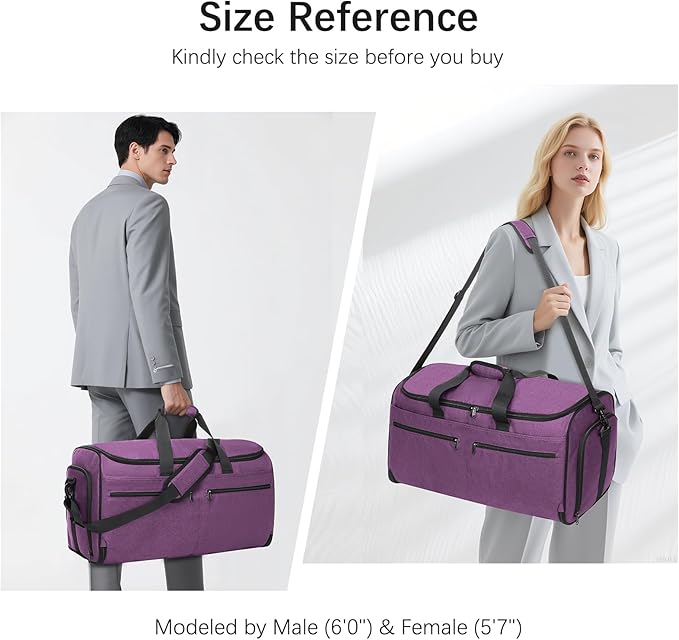 Large Garment Bag for Travel, Bukere Convertible Suit Travel Garment Duffel Bag for Women Business, Shoe Compartment, Detachable Shoulder Strap, 2 in 1 Hanging Suitcase Suit Travel Bags, Purple