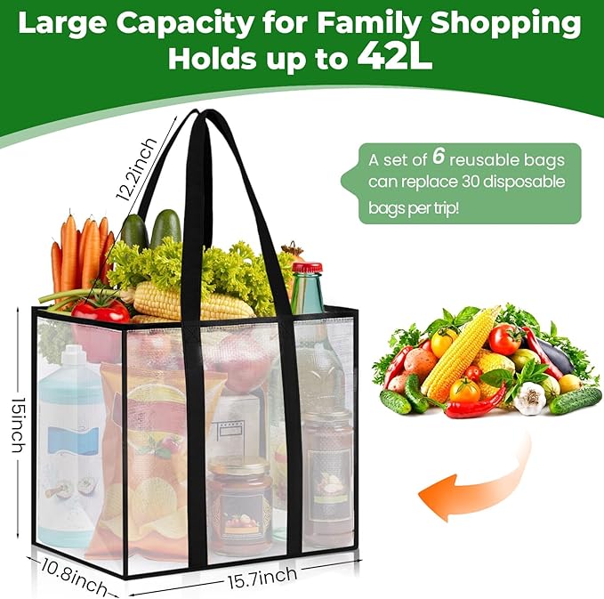 6 Pack Reusable Grocery Bags, Heavy-Duty Shopping Bags with Sturdy Handles, Water-Resistant & Foldable Organizer, Shopping Bags for Groceries, Market, Car Trunk, Multi-Purpose, 42L