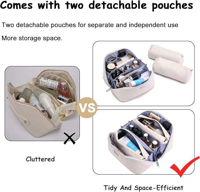 BOYATU Travel Makeup Bag for Women: Cosmetic Organizer Bag with Compartments - Leather Make up Bags Set of 3 (G-2-White)