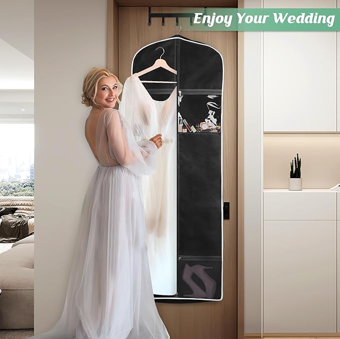 MISSLO Portable 65" Wedding Dress Garment Bag with Bride Tote Bag 8'' Gusseted Dress Bags for Gowns Long 4 Pockets Dress Cover for Women, Black