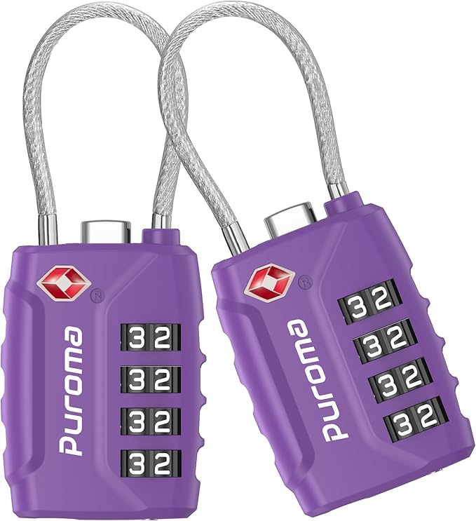 Puroma 2 Pack TSA Approved Luggage Locks, 4 Digit Combination Travel Cable Locks Resettable Code Lock with Zinc Alloy Body for Suitcase, Toolbox, Backpack, Bag, Gym Locker (Basic Purple Dark)