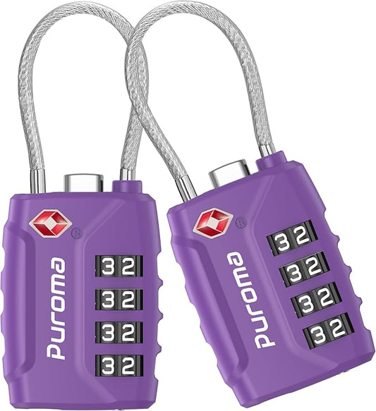 Puroma 2 Pack TSA Approved Luggage Locks, 4 Digit Combination Travel Cable Locks Resettable Code Lock with Zinc Alloy Body for Suitcase, Toolbox, Backpack, Bag, Gym Locker (Basic Purple Dark)