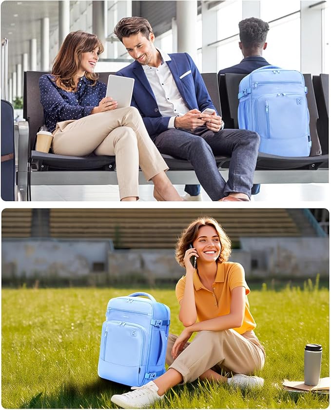ECOHUB 17" Small Travel Backpack, United Airlines Personal Item Bag 17x10x9 with 16 Pockets, Water Resistant Rucksacks Fit 15.6" Laptop, AirTag Pocket, Lightweight Casual Daypack, 25L, Light Blue