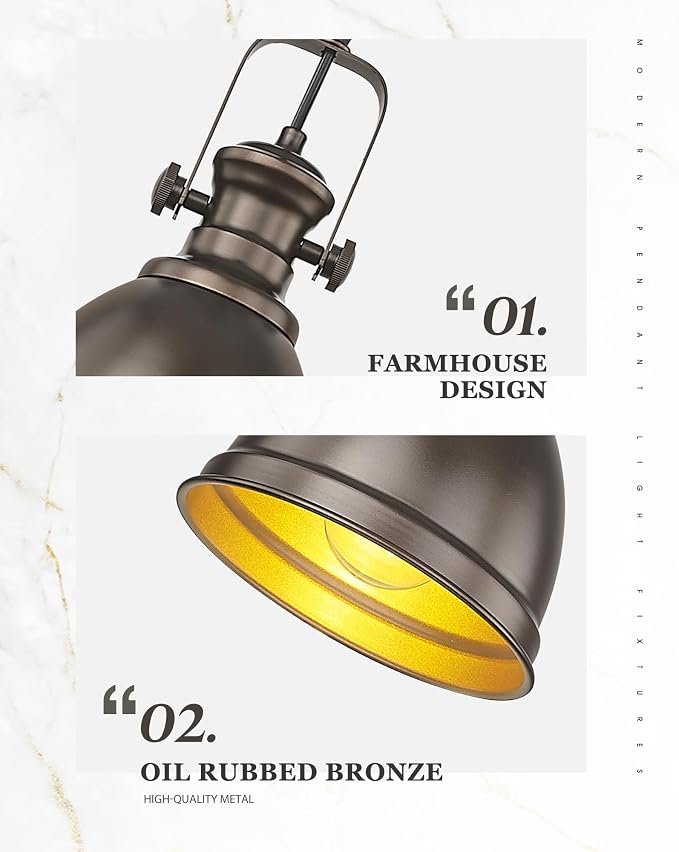Pendant Lights Kitchen Island, Farmhouse Hanging Lights Fixtures with Metal Shade, Rustic Kitchen Pendant Lighting Over Island for Dining Room, Oil Rubbed Bronze, AD-2151-1P-ORB