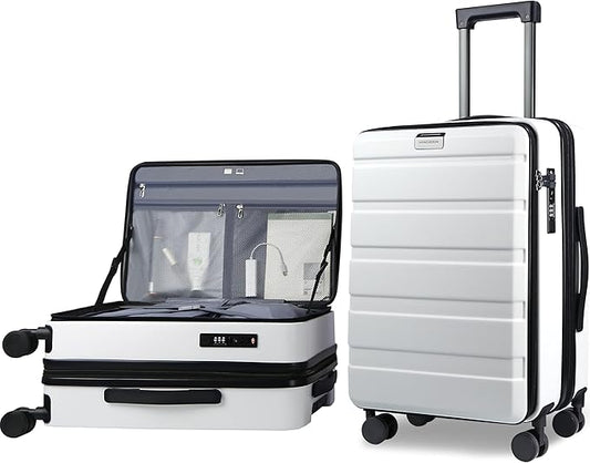 KROSER Carry On Luggage with Spinner Wheels & Built-in TSA Lock, Expandable Top Opening Hard Shell Suitcase Large Capacity Durable Rolling Luggage with USB Port, Carry-On 20-Inch, White