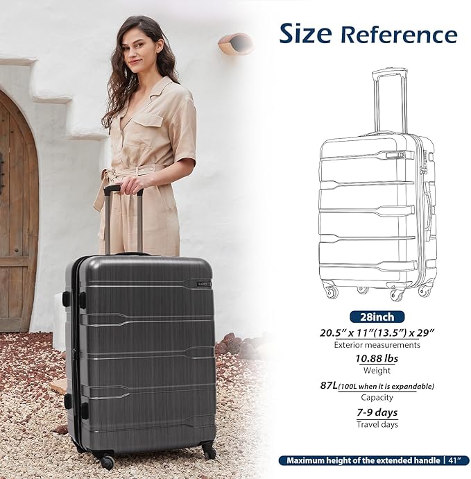 Coolife Expandable Large Checked Luggage Hardside PC+ABS Suitcase with TSA Lock, Lightweight Rolling Carry On with Spinner Wheels(Charcoal, 28in)