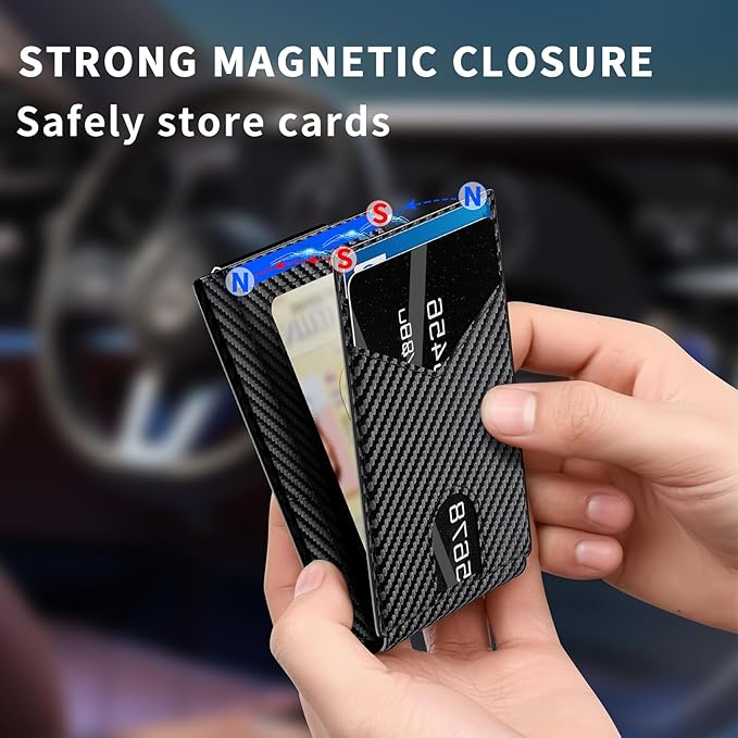 Wallet for Men Aluminum RFID Blocking -Metal Smart Pop-Up Credit Card Holder with 2 ID Windows, Holds 8-10 Cards,Bifold Security Front Pocket Wallet & Money Clip,Men's accessories(Carbon)
