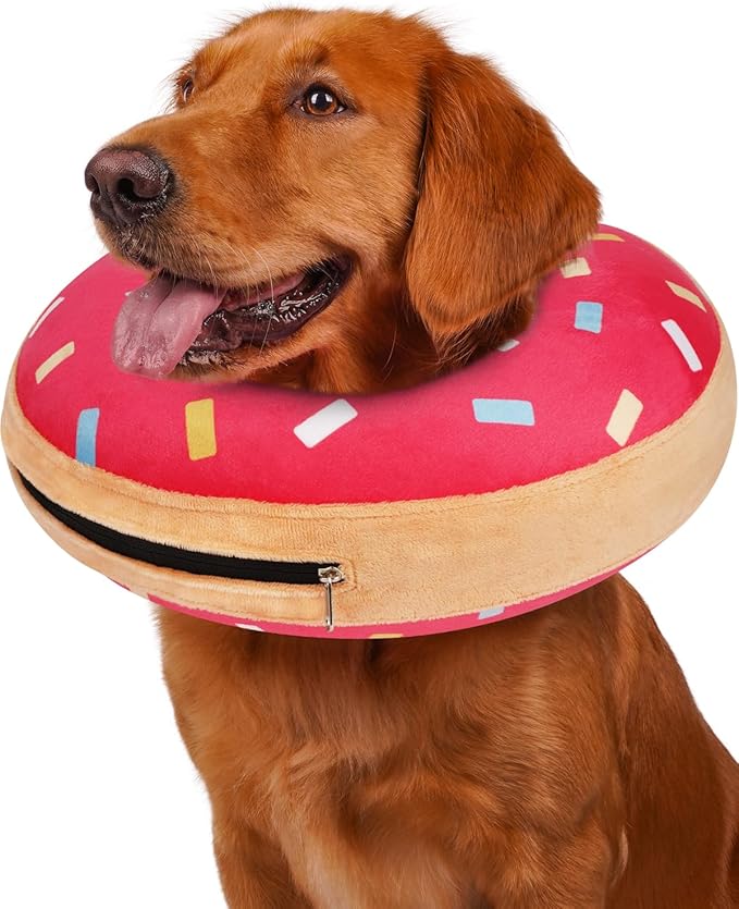 Inflatable Dog Pillow Cone Collar After Surgery, Donut Soft Neck Cone for Husky Border Collie Large Dogs, etc, Recovery E Collar to Stop Pink Donut