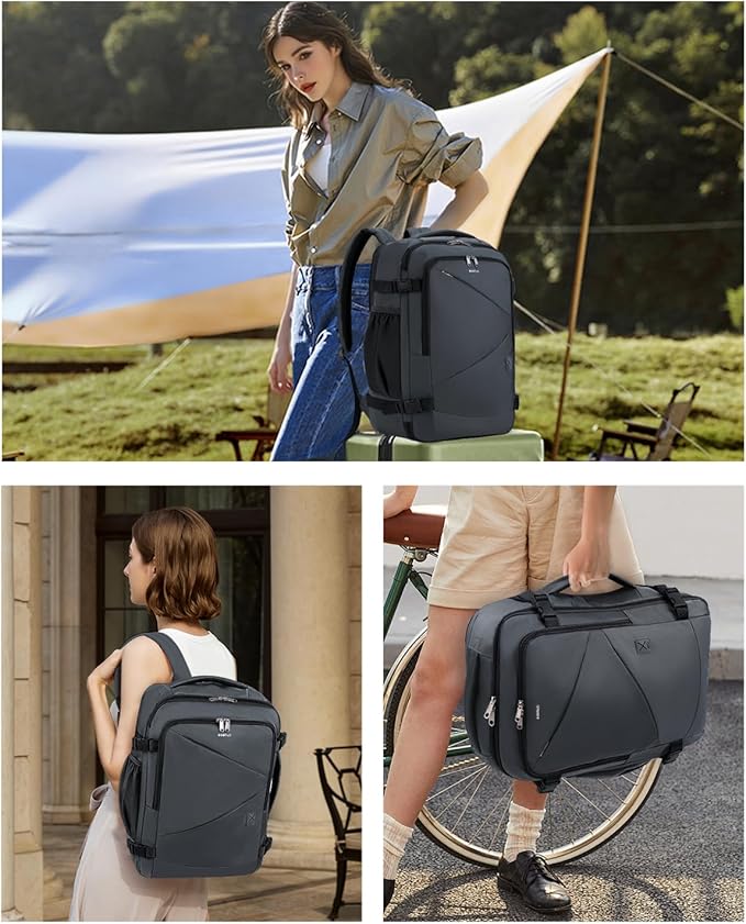 ECOHUB Carry On Travel Backpack, Expandable Airlines Personal Item Bag 18x14x8, Water Resistant 17 inch Laptop Backpack Flight Approved, 12 Pockets 30L Work Backpacks with Wet Pocket Cable Slot, Grey
