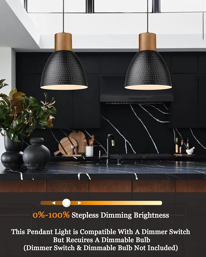 ELYONA Hammered Pendant Light, 10.2” Industrial Hanging Lamp with Solid Wood & Metal Shade, Modern Pendant Light Fixtures for Kitchen Island, Bar, Farmhouse Dining Room, Bedroom, Living Room, Black
