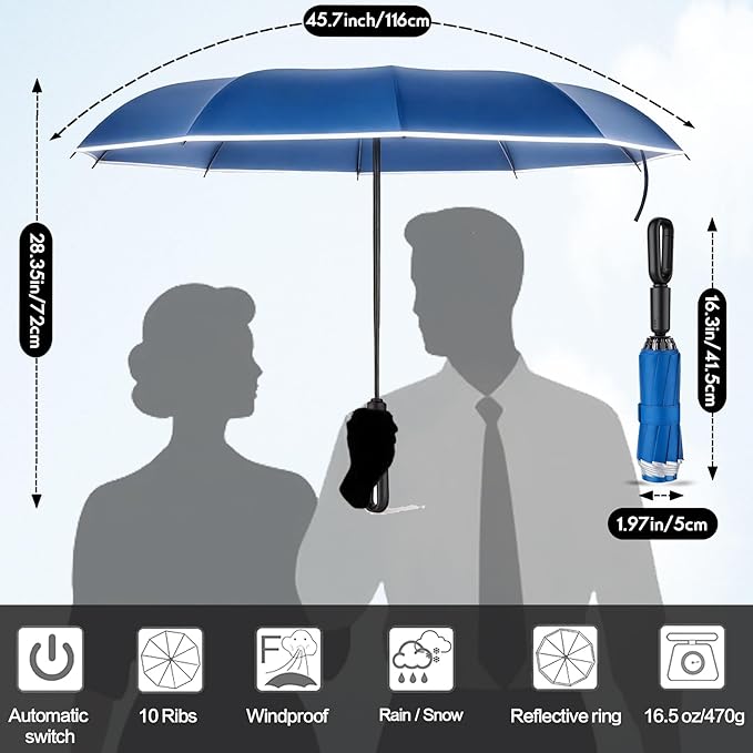 Windproof Compact Travel Umbrella,Large Strong but Light Portable and Automatic Folding Rain Umbrella, small inverted for travel size