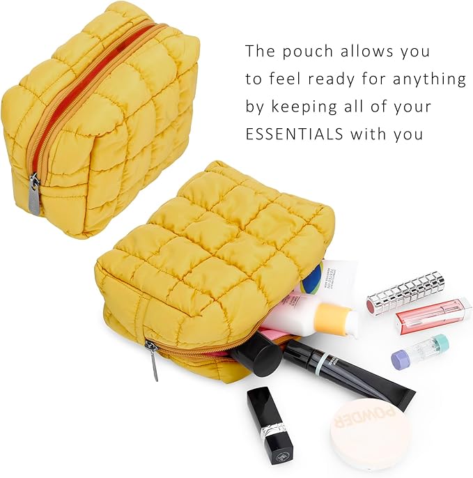 E-Tree Cute Makeup Bag,Quilted Cosmetic Bag,Make up Pouch for Purse,Toiletry Zipper Pouch,Checkered Bag,Travel Case,Storage Pouches for Organization (Yellow)