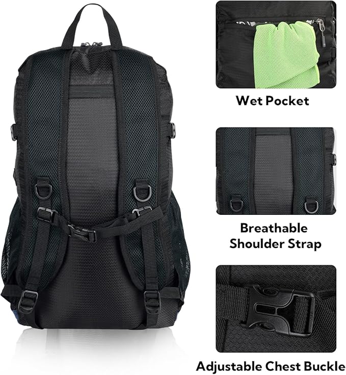 WATERFLY Lightweight Packable Hiking Backpack: 30L Foldable Travel Daypack Ultralight Camping Day Pack for Woman Man